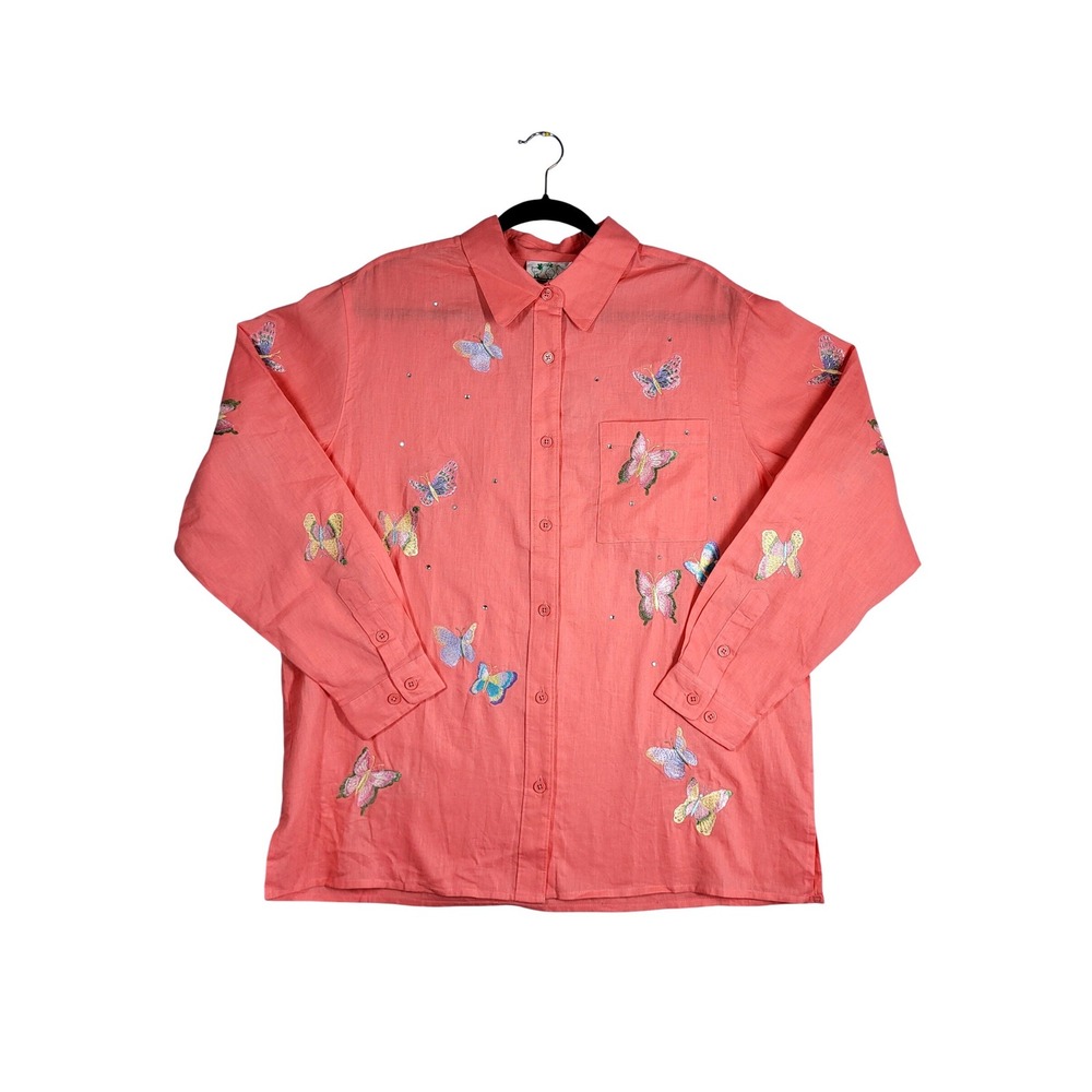 Quacker Factory Butterfly Embroidered Linen Button Front Shirt L Coral NWT VTG